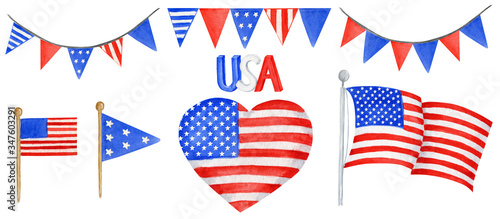 American Flag and String garland set  hand drawn watercolor illustration for happy independence day of America. 4th of july usa design concept on white backgraund