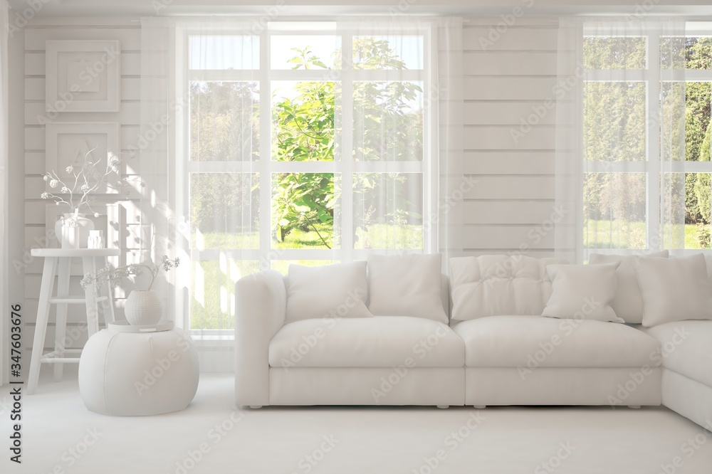 White living room with sofa and summer landscape in window. Scandinavian interior design. 3D illustration White living room with sofa and summer landscape in window. Scandinavian interior design. 3D illustration