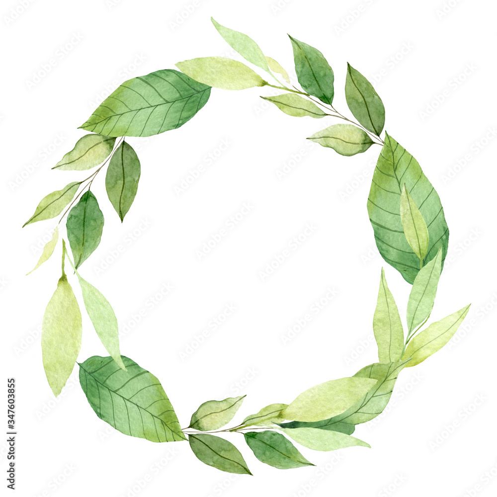 Fototapeta premium bay leaves watercolor wreath. Template for wedding invitation and save the date cards. Watercolor Pattern