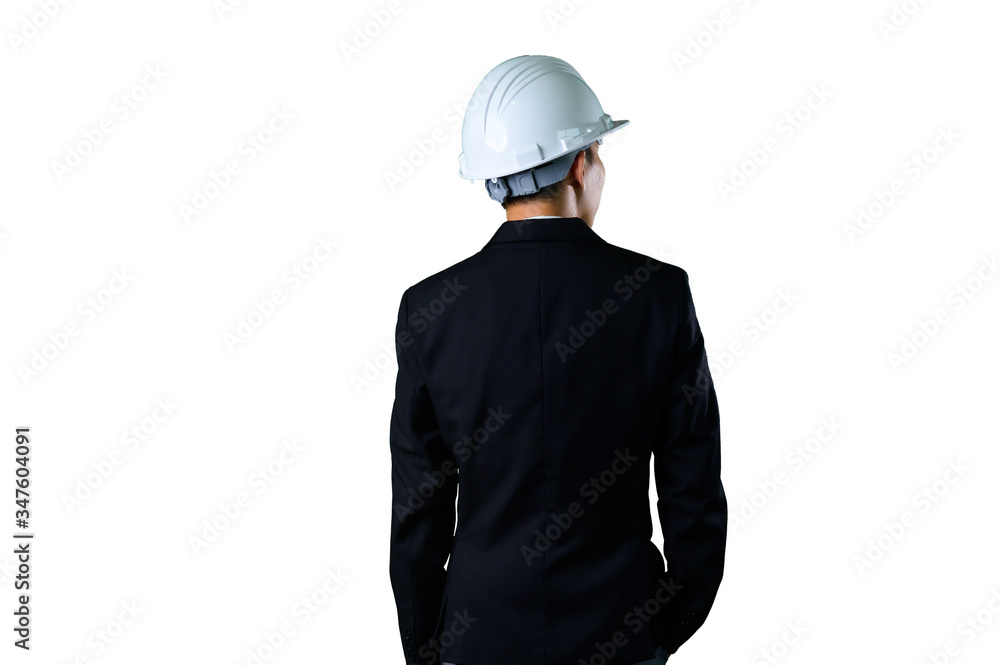 A young engineer wearing a suit, standing, wearing a helmet, white background A young engineer wearing a suit, standing, wearing a helmet, white background
