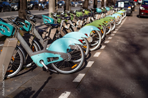Paris, France, city bicycles, bike rental, bicycle parking.