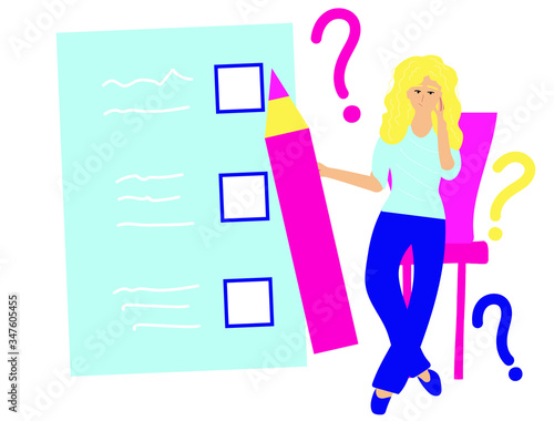 Young woman thinking about question in test. Reflection girl near sheet of paper checklist  with big pencil in her hand solves the questionnaire. Survey, choise difficulty concept. Hand drawn