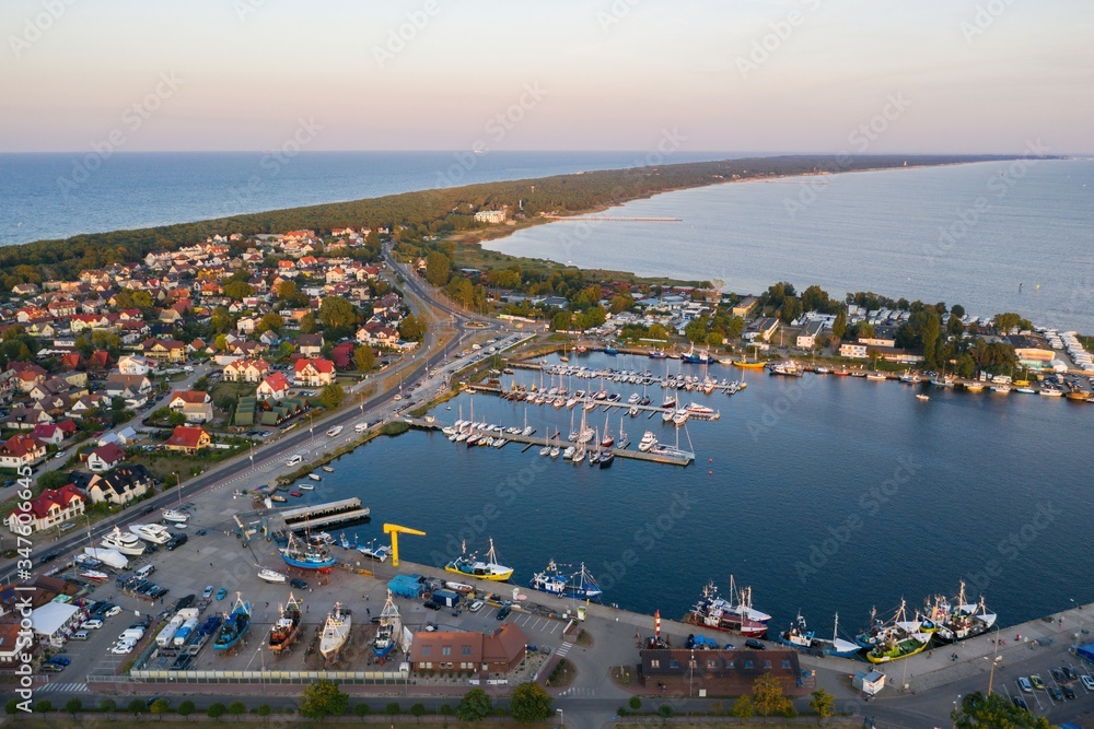 Aerial view  of sunset in Hel penisula Jastarnia Puck Bay Baltic Sea