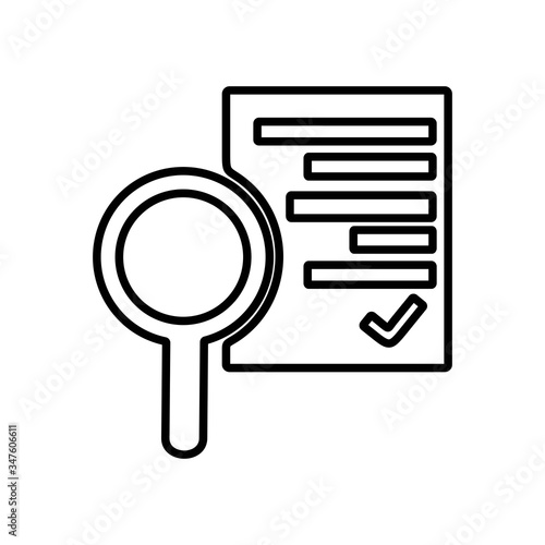Magnifier on a report sheet. Auditing, examining company papers. Flat icon design. © Azar