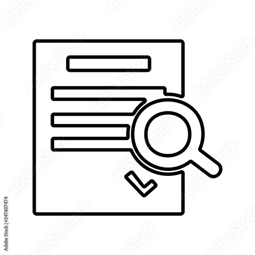 Magnifier on a report sheet. Auditing, examining company papers. Flat icon design. © Azar