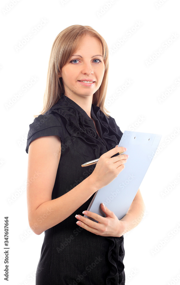 Cheerful beautiful business woman with clipboard writing, isolated over white background Cheerful beautiful business woman with clipboard writing, isolated over white background
