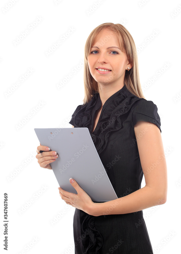 Cheerful beautiful business woman with clipboard writing, isolated over white background Cheerful beautiful business woman with clipboard writing, isolated over white background