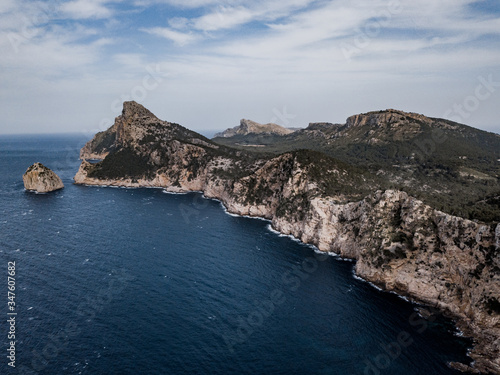 Viewpoint to Cap Formentor, areal view at the Mirador Es Colomer Overseeing Formentor Peninsula. West Coast, Mallorca. Lighthouse, adventure.