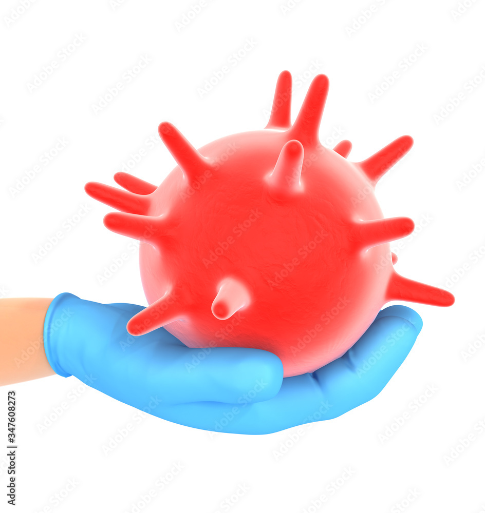 3d hand with surgical glove holding virus 3d hand with surgical glove holding virus