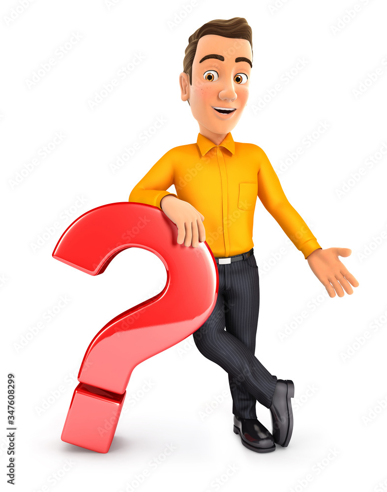 3d man leaning against question mark 3d man leaning against question mark
