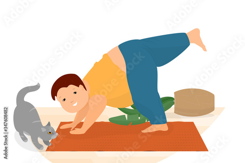 Fat child does yoga. Childhood obesity. Body positive. Physical gymnastics for children. The cat is playing with a boy. A clumsy child is doing sports exercise on a mat. Vector in a flat style.