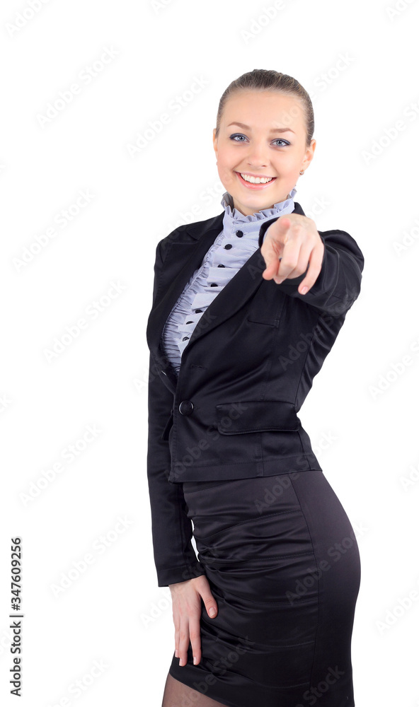 Happy business woman pointing at the camera - isolated over a white background Happy business woman pointing at the camera - isolated over a white background