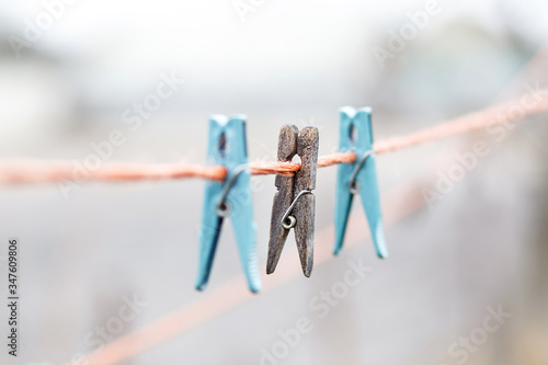 Clothespins on a clothesline for drying clothes