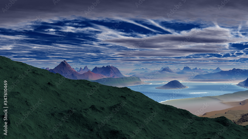 3D ilustration of mountians landscape and sea