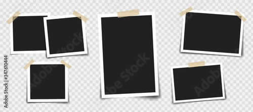 Photo frame with adhesive tape of different colors and paper clip. Photo realistic vector makeup of different size on transparent background
