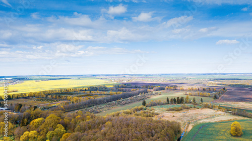 Aerial view over the rural landscape. Small village  trees  fields  classic blue sky and nature background.