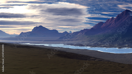 3D ilustration of mountians landscape and sea