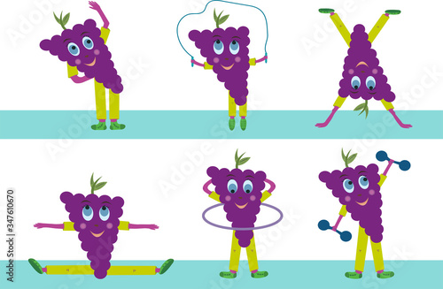 Grapes vector goes in for sports. Purple grape fruit character isolated on white background. Different kinds of sports.