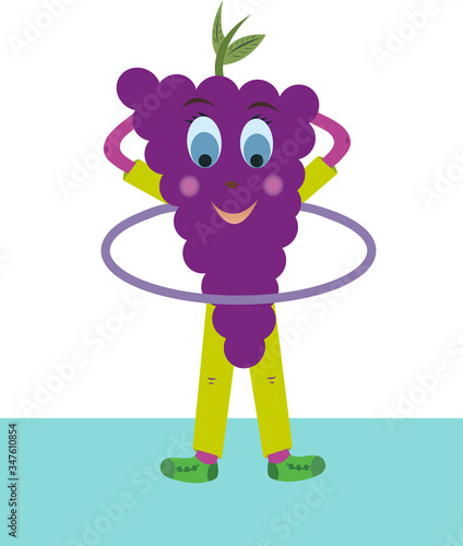 Perky grape vector twists hoop. Grapes are very fond of sports. Fruit grapes depicted on a white background.