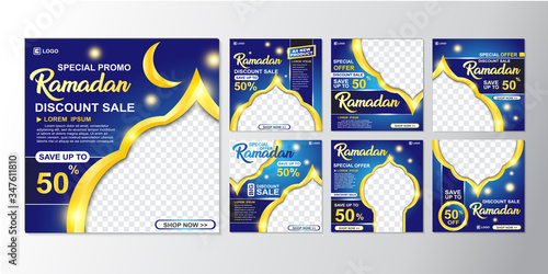 social media post template, ramadan sale. gold, blue, vector.