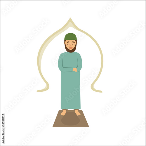 A vector illustration of Muslim Man Praying with Mosque frame.