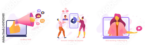 Cartoon icon set with competitor research marketing business for SMM analytics, audience segmentation.