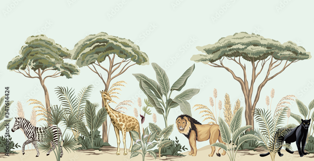 Vintage african tree, banana tree, plant, lion, giraffe, zebra, panther animal floral border blue background. Exotic safari wallpaper.