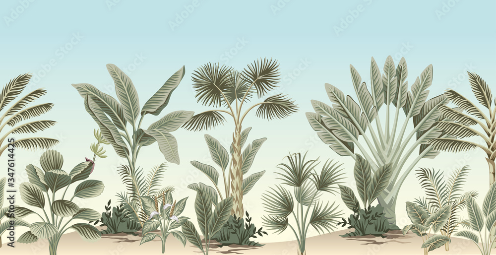 custom made wallpaper toronto digitalVintage tropical palm tree, banana tree, plant floral border blue background. Exotic jungle wallpaper.