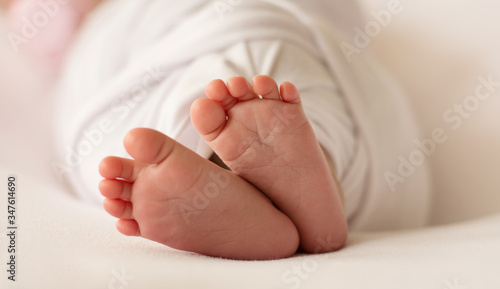 newborn baby feet on white background