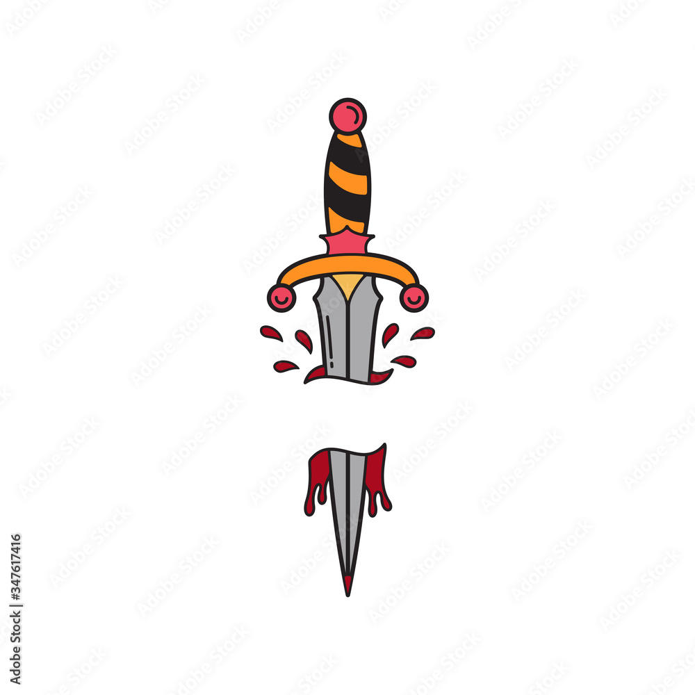 Old school tattoo emblem label with dagger and blood. Traditional tattooing style ink. vector de Stock