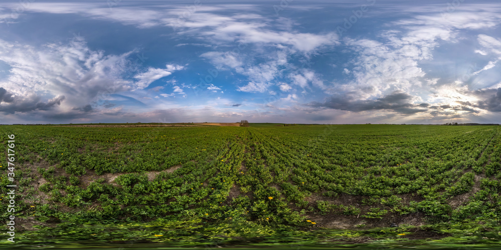 full seamless spherical hdri panorama 360 degrees angle view on among fields in spring evening with awesome clouds in equirectangular projection, ready for VR AR virtual reality content