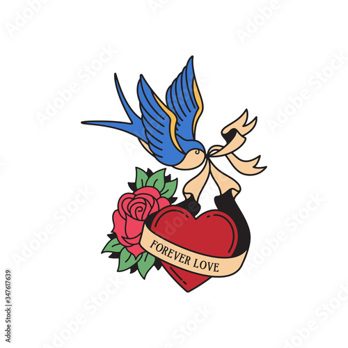Old school tattoo emblem label with swallow rose heart symbols and wording forever love. Traditional tattooing style ink.