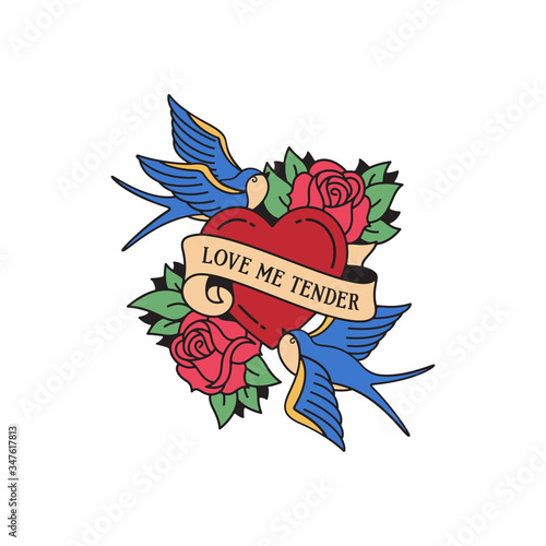 Old school tattoo emblem label with swallow rose heart symbols and wording love me tender. Traditional tattooing style ink.