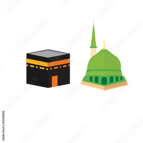 Kaaba, Mekkah and Madina Pak Islamic sacred Masjid-Al-Haram with Masjid-e-Aqsa in white background 