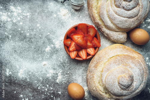 Fototapeta Naklejka Na Ścianę i Meble -  Ensaimada, typical sweet of the Balearic Islands, Spain. Mediterranean gastronomy