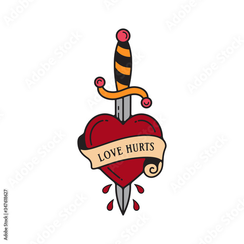 Dagger and heart tattoo with wording love hurts. Traditional tattoo heart and dagger old school tattooing style ink.