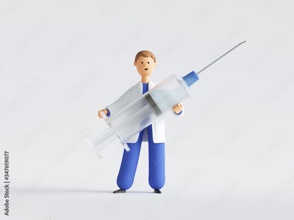 3d render. Doctor cartoon character holding big syringe with vaccine against virus. Clip art isolated on white background. Vaccination clinical research, medical healthcare concept 3d render. Doctor cartoon character holding big syringe with vaccine against virus. Clip art isolated on white background. Vaccination clinical research, medical healthcare concept