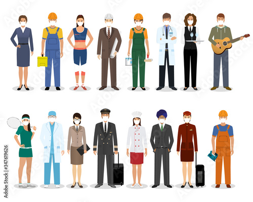 Group of people with different occupation wearing protection medical face mask to protect and prevent virus. Employment and labor day banner. Employee and workers characters. Vector illustration.