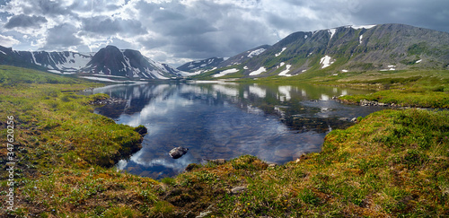 A lake surrounded by mountains with snow and green fields in summer.