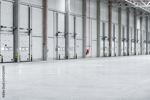 Empty loading docks at the logistics center from inside