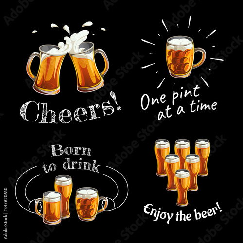 Illustration of mugs and glasses for toast with light beer and texts on black background. 