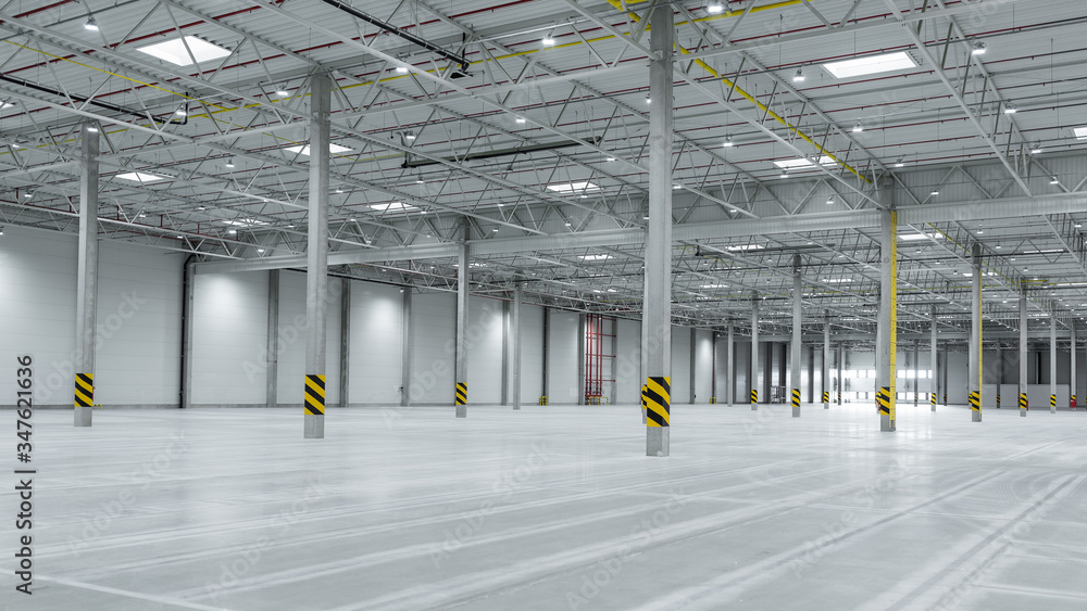 Wide shot of industrial hall empty and clean