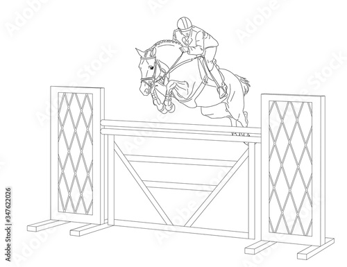 Horse clears a jump through a high obstacle during a show jumping competition