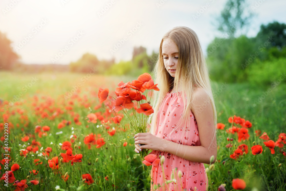 Ukrainian Beautiful girl in poppies field and wheat. outdoor portrait. Child collecting poppies and cornflower in summer field. Blooming Poppies memory symbol. Ukrainian Beautiful girl in poppies field and wheat. outdoor portrait. Child collecting poppies and cornflower in summer field. Blooming Poppies memory symbol.