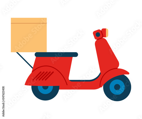 Red motorcycle with box goods. Online delivery service, transportation, delivery home. Vector illustration