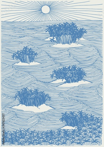 Tropical islands full of palm-trees in the ocean and the sun in the sky. Drawing pattern t-shirt print illustration. Tropical vacation vector illustration