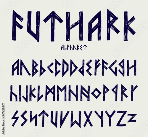 Nordic runes style latin letters alphabet. Futhark ABC.