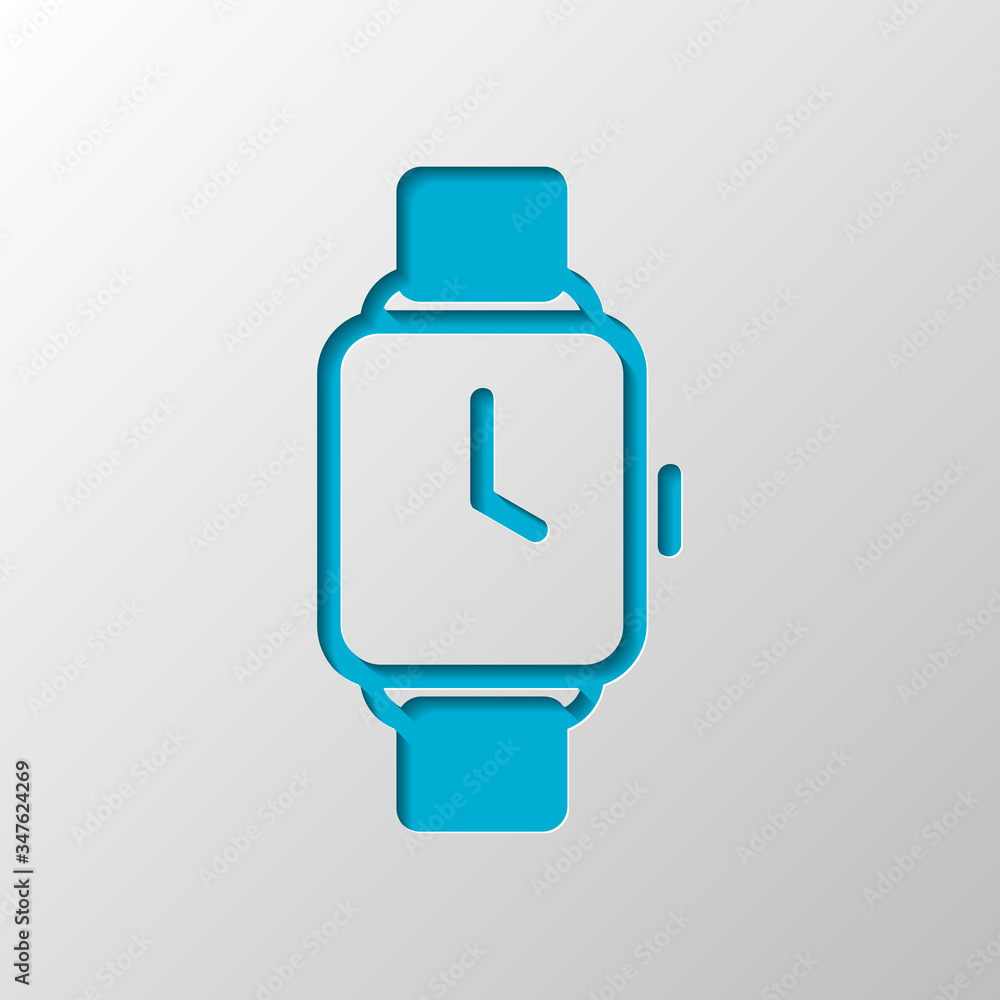 Hand smart watch with square display. Technology icon. Paper des Hand smart watch with square display. Technology icon. Paper des