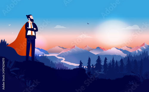 Businessman with cape - Superhero office worker standing on hill watching the landscape at sunrise. Accomplishment, great worker, best in office, and winner concept. Vector illustration.