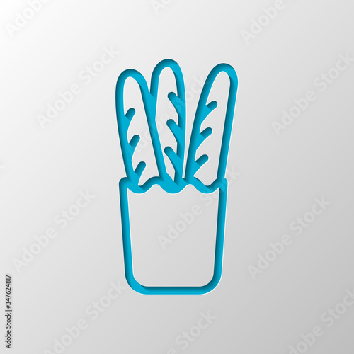 French bread in the paper bag. Food delivery logo. Paper design. Cutted symbol with shadow